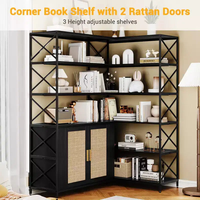 Étagère d'angle à 6 niveaux avec rangement, bibliothèque en L de style rustique