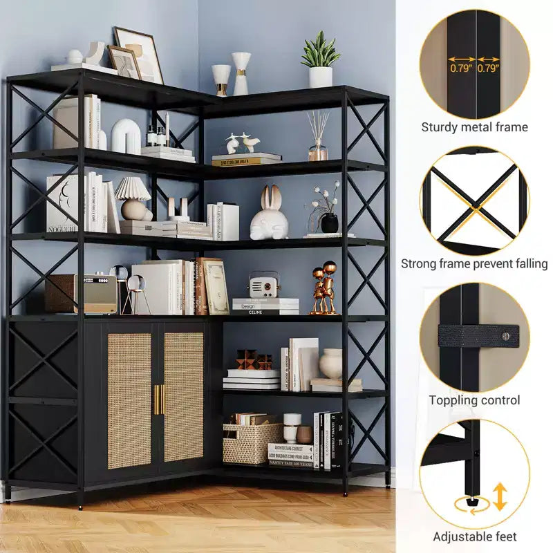 Étagère d'angle à 6 niveaux avec rangement, bibliothèque en L de style rustique
