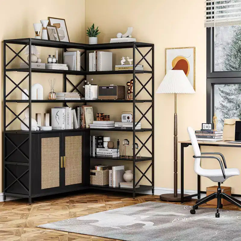 Étagère d'angle à 6 niveaux avec rangement, bibliothèque en L de style rustique
