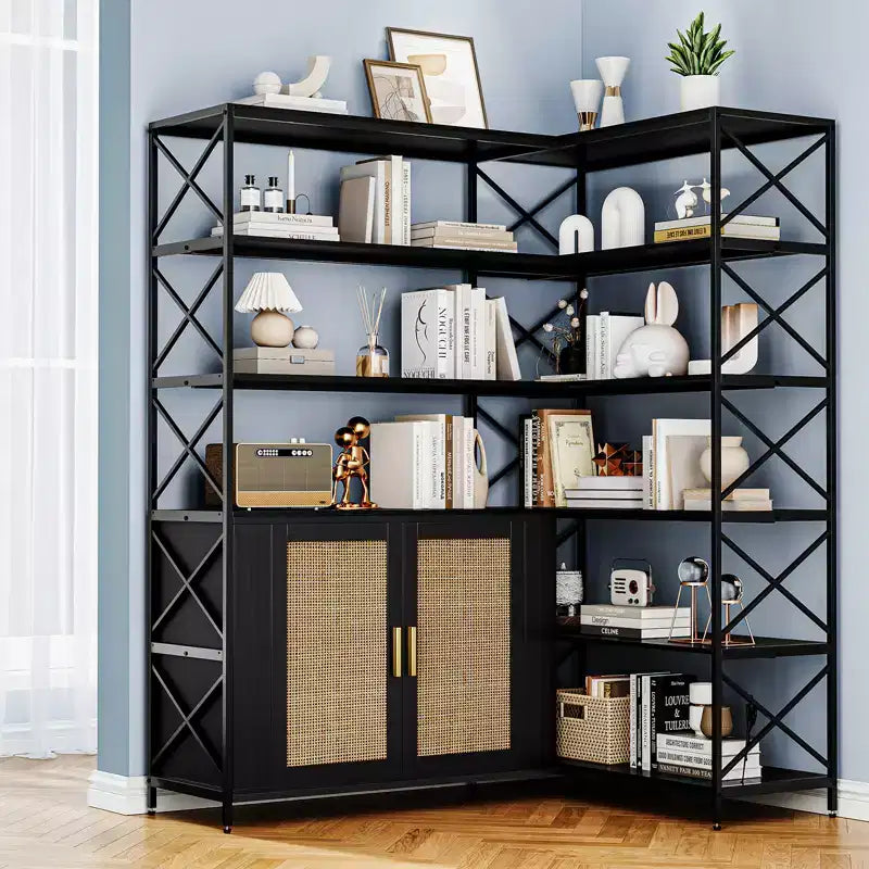 Étagère d'angle à 6 niveaux avec rangement, bibliothèque en L de style rustique