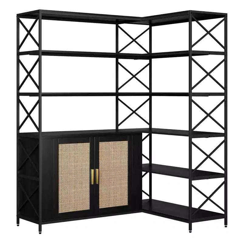 Corner Bookshelf - 6 Tier Corner Book Shelf with Storage, Farmhouse L Shaped Book-Shelf with Cabinet, Modern Industrial Bookcase for Home Office