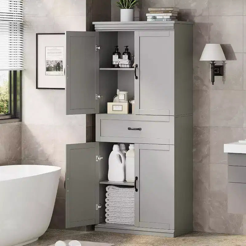 70 Tall Kitchen Pantry Cabinets, with 4 Doors, 2 Adjustable Shelves, Modern Wood Cupboard, Tall Freestanding Kitchen Storage Cabinet