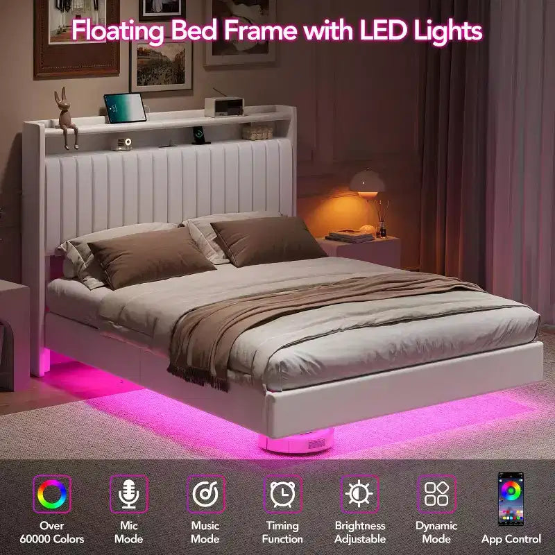 Cadre de lit Queen flottant avec lumières DEL et station de recharge