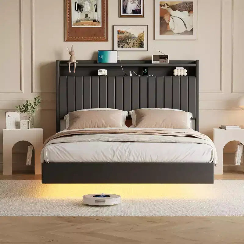 Cadre de lit Queen flottant avec lumières DEL et station de recharge