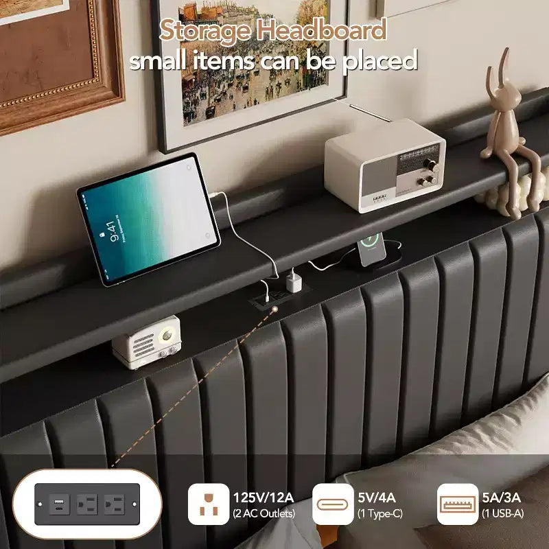 Cadre de lit Queen flottant avec lumières DEL et station de recharge