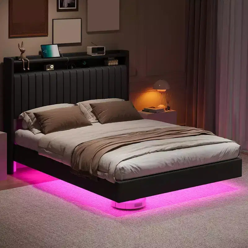 Queen Floating Bed Frame with LED Lights and Charging Station, Upholstered PU Leather Platform, Modern Space Saving Design, Iron Frame