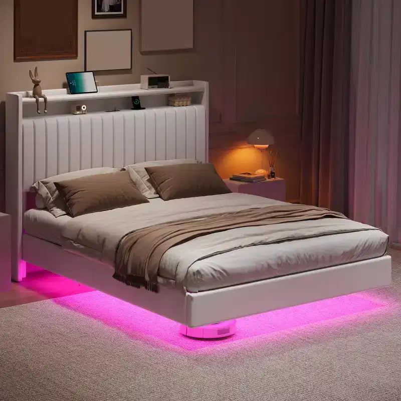 Cadre de lit Queen flottant avec lumières DEL et station de recharge