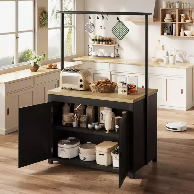 41 Kitchen Island with Storage, 1.2 Countertop Heavy-Duty Multi-Functional Kitchen Cart with 2-Tier Shelves, 5 Hooks, Metal Coffee Bar Table