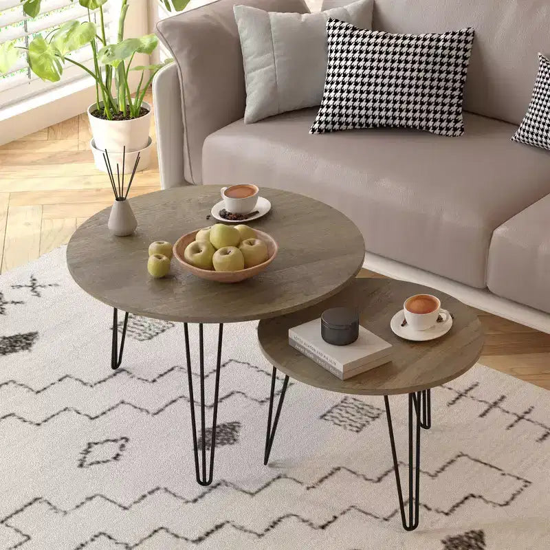 Tables gigognes rondes, plateaux aspect bois marron rustique, base métallique robuste