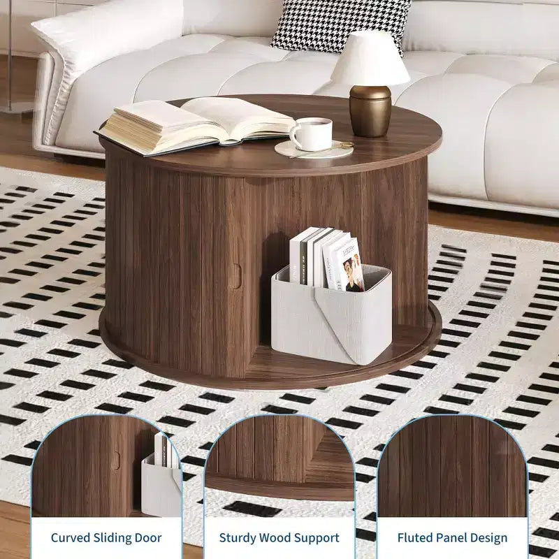 Table basse Mid-Century Modern - Design cannelé avec rangement coulissant à portes tambours
