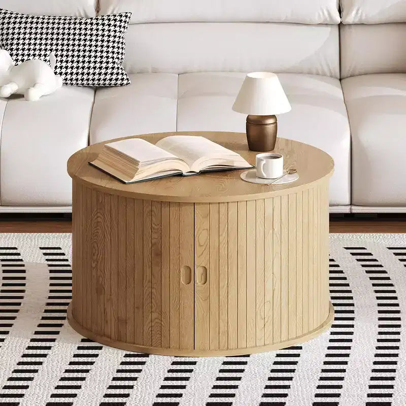Table basse Mid-Century Modern - Design cannelé avec rangement coulissant à portes tambours