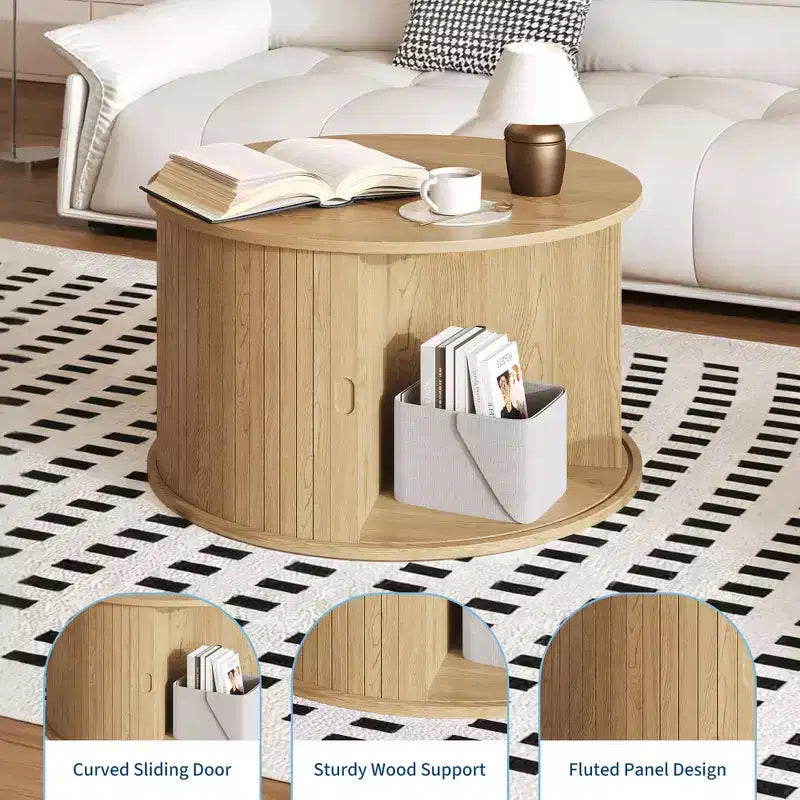 Table basse Mid-Century Modern - Design cannelé avec rangement coulissant à portes tambours