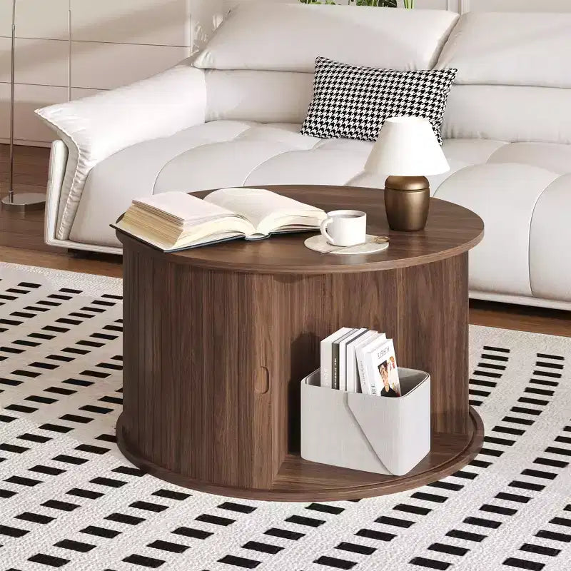 Table basse Mid-Century Modern - Design cannelé avec rangement coulissant à portes tambours