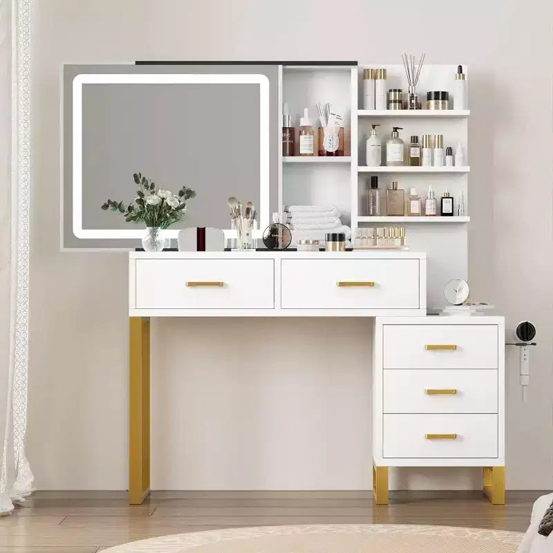 Makeup Vanity Desk, Large Dressing Table, 3 Lighting Modes, 5 Large Drawers and 3 Tiers of Open Shelves, for Bedroom