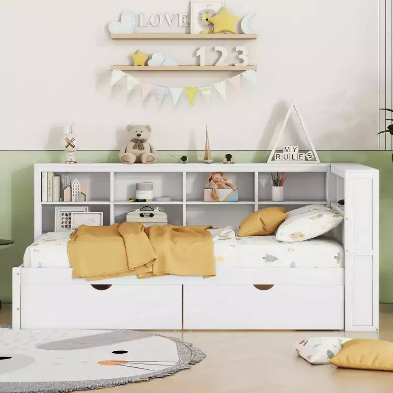 MAYEERTY Twin Size Bed with 2 Drawers Storage Shelf Ports for Bedroom White