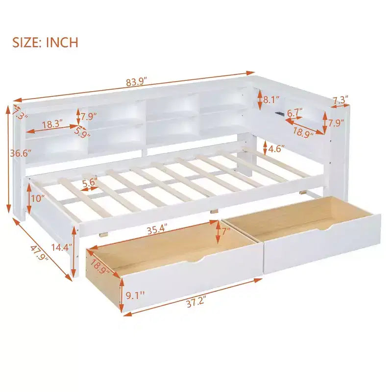 Lit jumeau avec 2 tiroirs de rangement et ports pour chambre à coucher, blanc