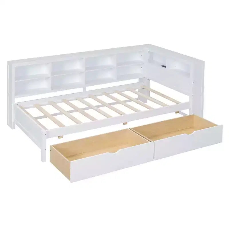 Lit jumeau avec 2 tiroirs de rangement et ports pour chambre à coucher, blanc