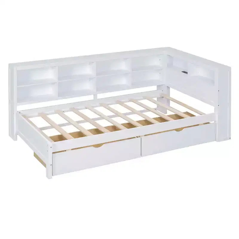 Lit jumeau avec 2 tiroirs de rangement et ports pour chambre à coucher, blanc