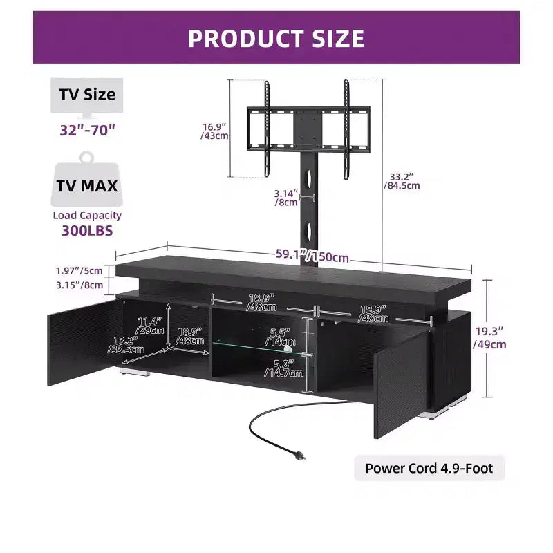 Meuble TV moderne avec support réglable en hauteur pour TV 65 pouces, meuble de divertissement à LED