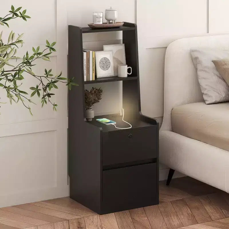 Nightstand with Charging Station &amp; 2 Storage Drawers, Wood Night Stand with Bookshelf &amp; Voice-Controlled Night Light