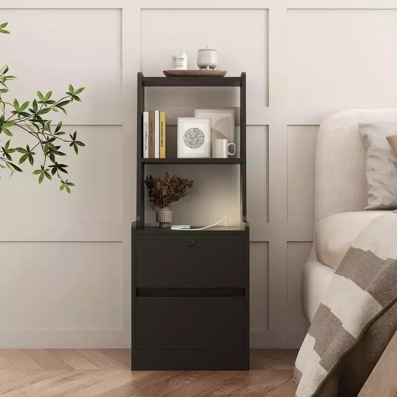 Table de chevet avec station de charge et 2 tiroirs de rangement, Table de nuit en bois
