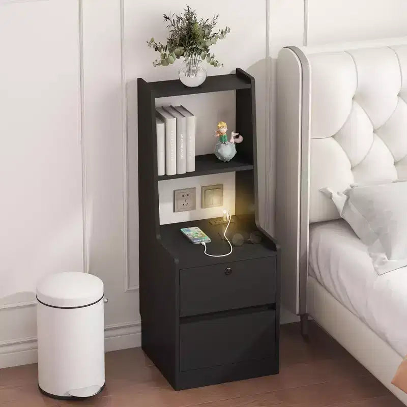 Table de chevet avec station de charge et 2 tiroirs de rangement, Table de nuit en bois