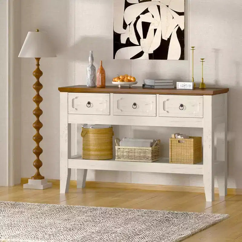 Farmhouse Rustic 47 Console Table with Drawers  Solid Wood Legs Entryway Table with Bottom Shelf  Easy Assembly for Living Room, Foyer, Entrance