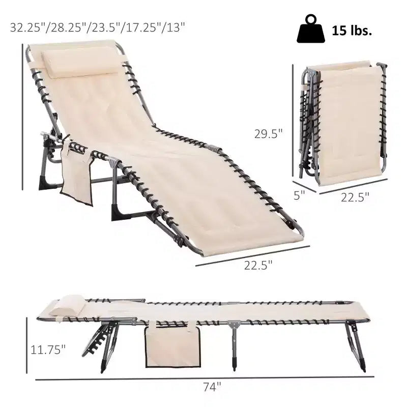 Chaise longue inclinable d'extérieur rembourrée et pliable avec dossier réglable