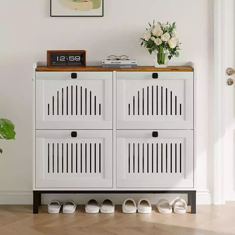 Shoe Storage Cabinet with 4 Flip Drawer, Shoes Organizer with Hollow Out Panel &amp; Black Square Handles, Adjustable Shoe Rack for Entryway Living Room