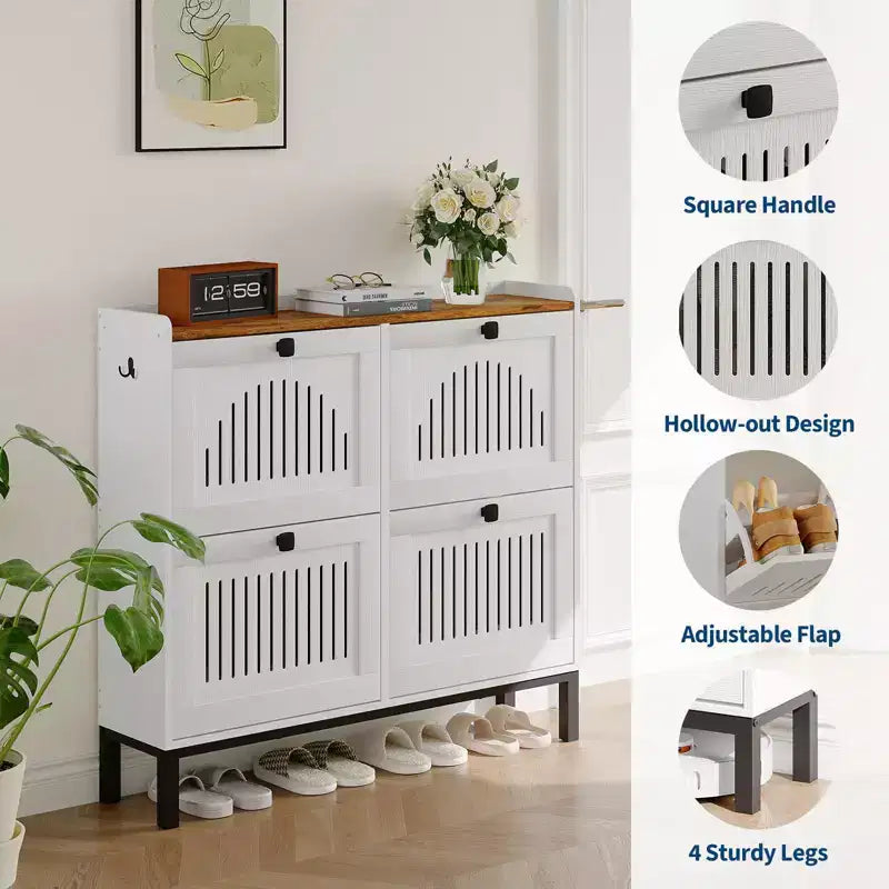 Meuble de Rangement pour Chaussures avec 4 Tiroirs Rabattables, Organisateur de Chaussures avec Panneau Évidé