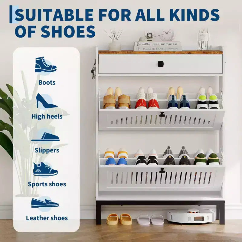 Meuble de Rangement pour Chaussures avec 4 Tiroirs Rabattables, Organisateur de Chaussures avec Panneau Évidé