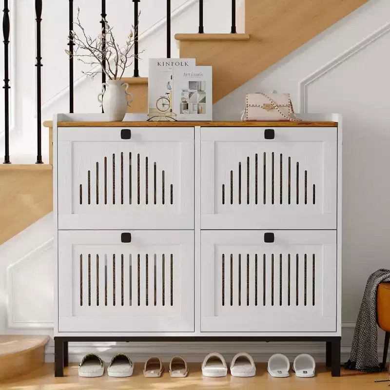 Meuble de Rangement pour Chaussures avec 4 Tiroirs Rabattables, Organisateur de Chaussures avec Panneau Évidé