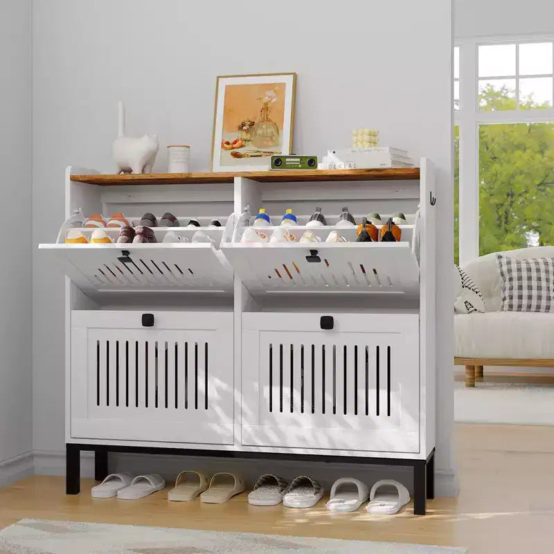 Meuble de Rangement pour Chaussures avec 4 Tiroirs Rabattables, Organisateur de Chaussures avec Panneau Évidé