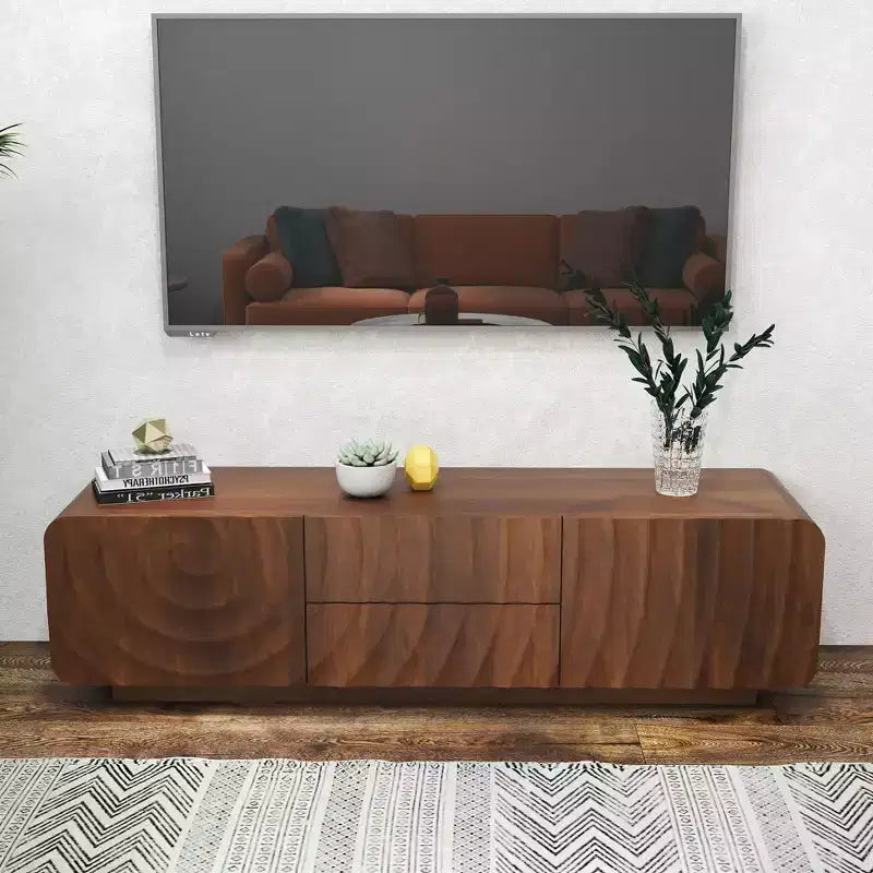 JVNOXK 58-inch TV Stand, Mid-Century Spiral Wave Design, with Storage Cabinet and Two Drawers, Suitable for Living Room or Bedroom, Walnut