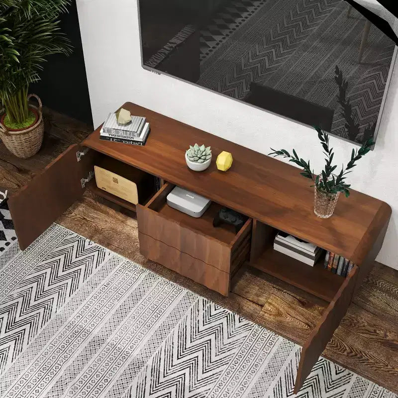 Meuble TV, motif ondulé en spirale style Mid-Century, avec placard de rangement et deux tiroirs