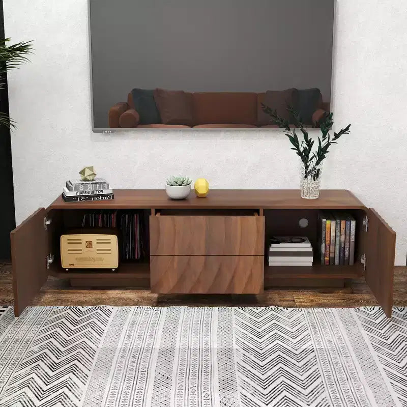 Meuble TV, motif ondulé en spirale style Mid-Century, avec placard de rangement et deux tiroirs