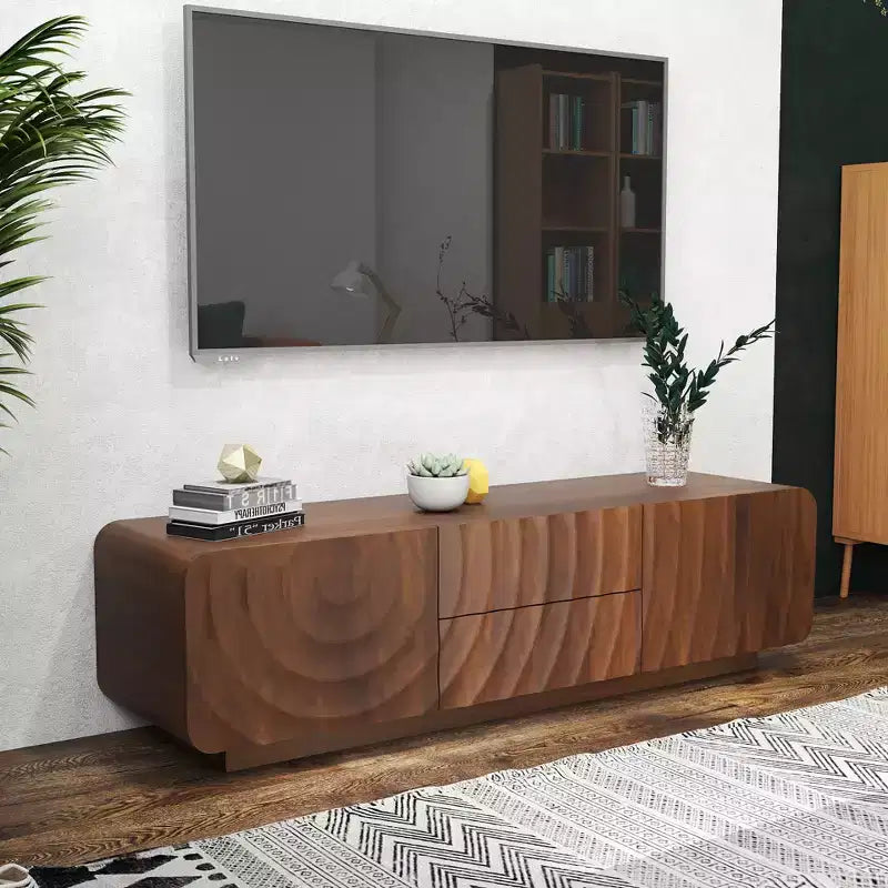 Meuble TV, motif ondulé en spirale style Mid-Century, avec placard de rangement et deux tiroirs