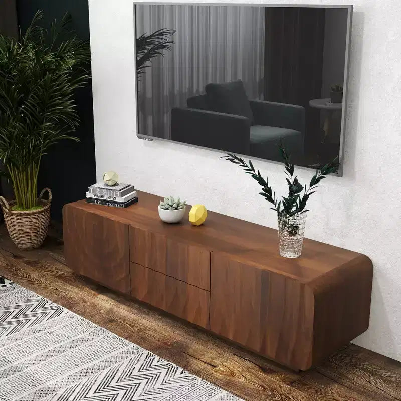 Meuble TV, motif ondulé en spirale style Mid-Century, avec placard de rangement et deux tiroirs