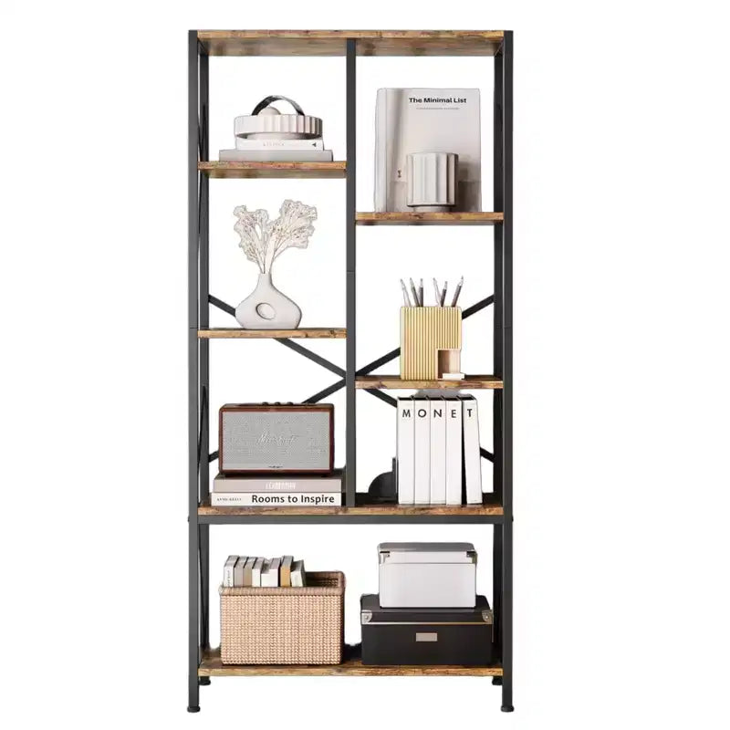 5-Tier Rustic Brown Bookshelf C 80CM, Vintage Finish, Staggered Metal Frame C Open Shelf Storage for Living Room/Bedroom/Office (1-Pack)