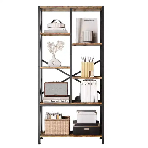 5-Tier Rustic Brown Bookshelf C 80CM, Vintage Finish, Staggered Metal Frame C Open Shelf Storage for Living Room/Bedroom/Office (1-Pack)