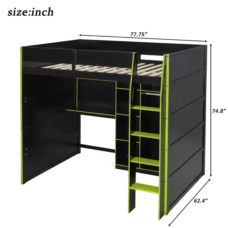 Lit mezzanine en bois avec bureau, armoire ouverte et lumières RVB