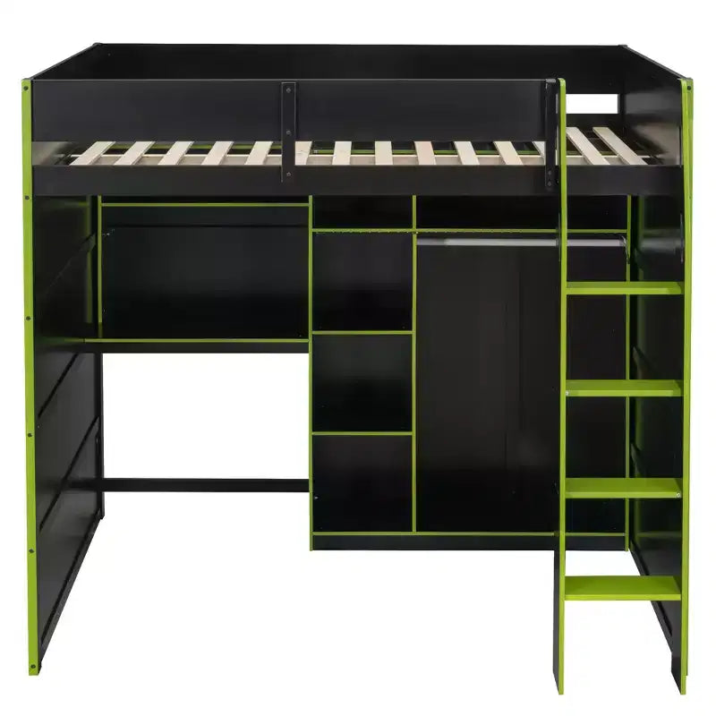 Lit mezzanine en bois avec bureau, armoire ouverte et lumières RVB