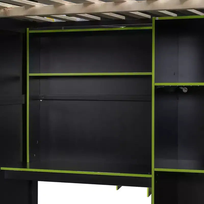 Lit mezzanine en bois avec bureau, armoire ouverte et lumières RVB