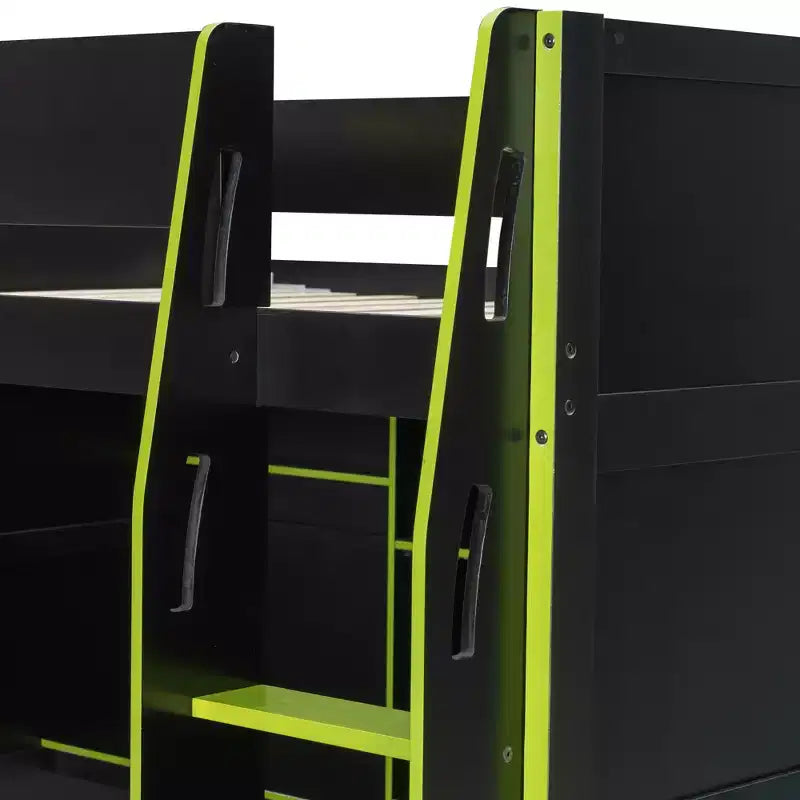 Lit mezzanine en bois avec bureau, armoire ouverte et lumières RVB