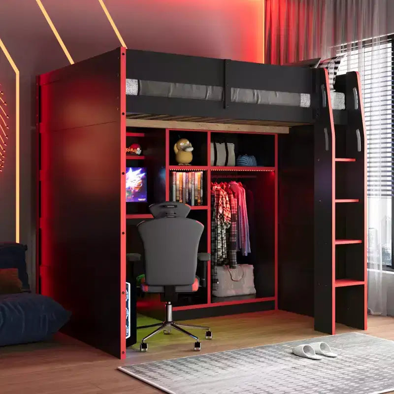 Lit mezzanine en bois avec bureau, armoire ouverte et lumières RVB