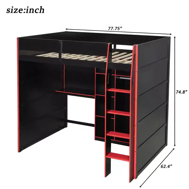 Lit mezzanine en bois avec bureau, armoire ouverte et lumières RVB