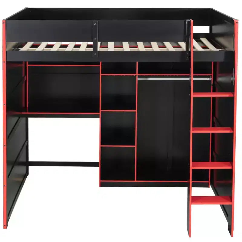 Lit mezzanine en bois avec bureau, armoire ouverte et lumières RVB