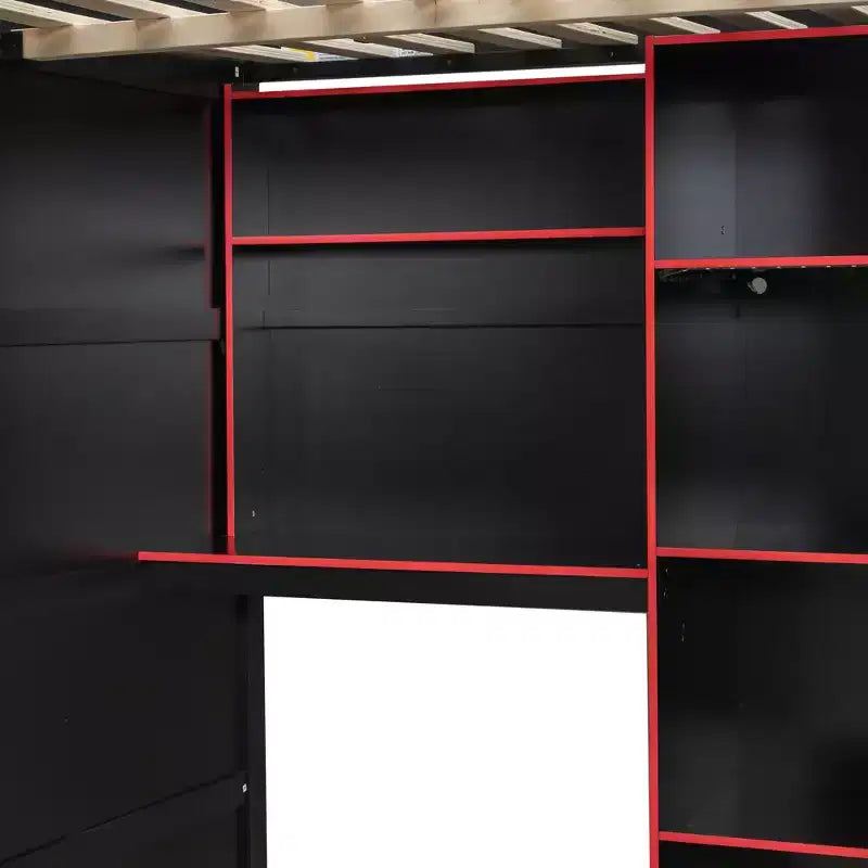 Lit mezzanine en bois avec bureau, armoire ouverte et lumières RVB