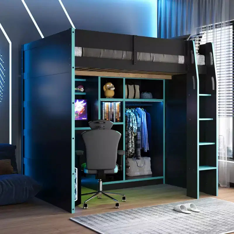 Lit mezzanine en bois avec bureau, armoire ouverte et lumières RVB