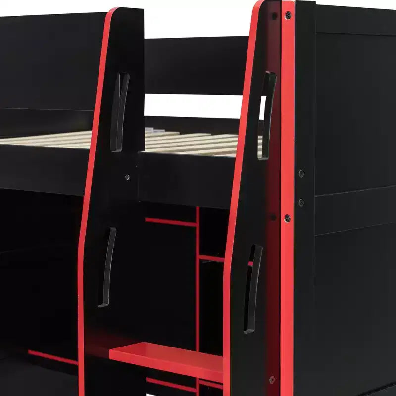 Lit mezzanine en bois avec bureau, armoire ouverte et lumières RVB